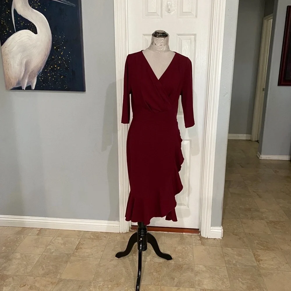 New Women XL Miusol 3/4 Sleeve Burgundy Ruffle Knee length Dress - Picture 2 of 7